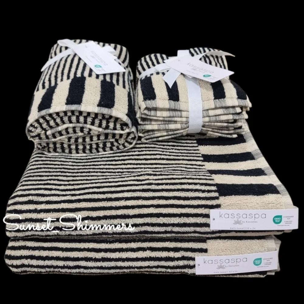 8pc Kassa Spa Tan & Black Stripe Plush Bath Hand Washcloth Towel Set 100% Cotton